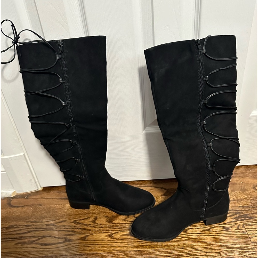 Brand new size 8.5 wide calf black lace up back boots